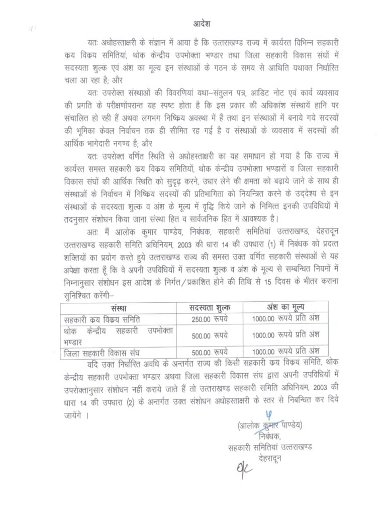 सहकारी क्रय-विक्रय समितियों में सदस्यता शुल्क और अंशों का मूल्य निर्धारित के लिए रजिस्ट्रार कोऑपरेटिव ने किए आदेश जारी