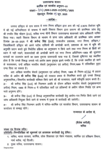 बड़ी खबर: मुख्यमंत्री का भ्रष्टाचार पर सख्त एक्शन, हरिद्वार भूमि घोटाले में दो आईएएस, एक पीसीएस समेत 12 लोग निलंबित